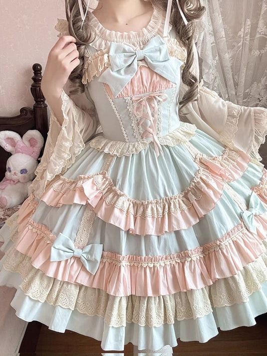 and Candy JSK Lace-up Front Scalloped Edge Sweet Lolita Dress Blue Color Pink