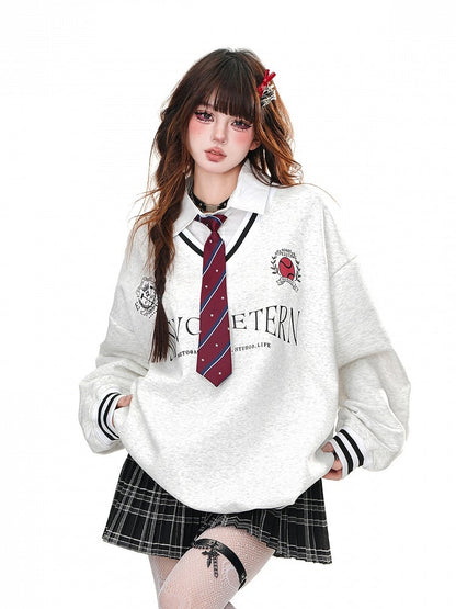 Gray Preppy Polo Collar Loose Sweatshirt with Tie Faux Two-pieces