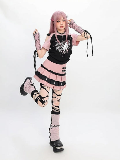 Free Red/Pink/Purple with T-Shirt Print Sleeves Y2K Cutout Shoulder Spiderweb