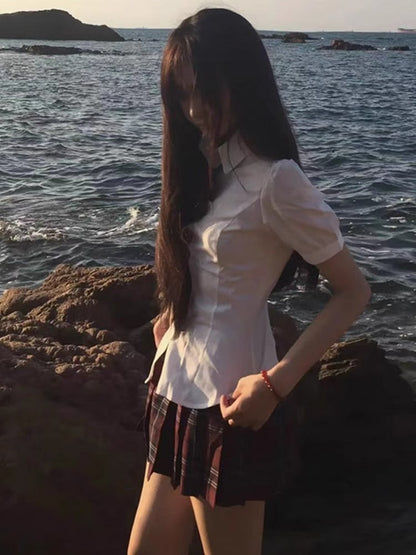 White At JK Uniform Self-tie Puff Back Sleeves Shirt Design