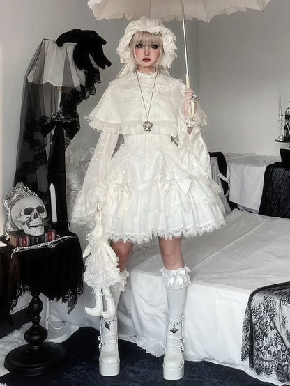 White Bowknots Decorated Double Layered Hemline Shiro Gothic Lolita Jumper Skirt
