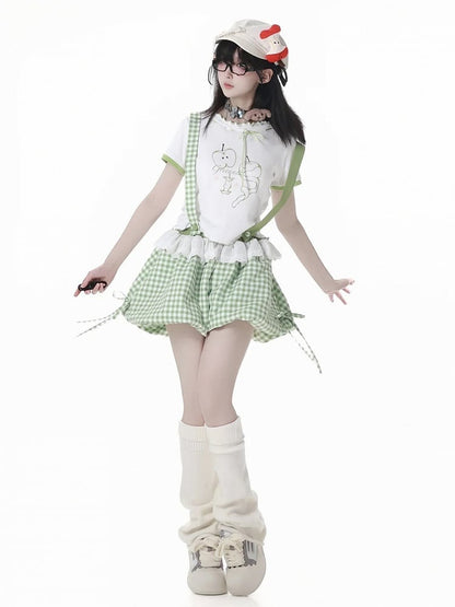 Neckline Green Apple Print Lettuce Hem Self-tie White T-shirt Bow
