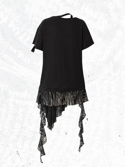 Rock Lace Detailing Graphic Distressed with Punk Handkerchief Hem Black T-shirt Cross