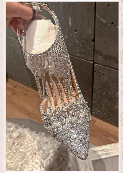 Silver Pointed Toe Rhinestone Sequin High Heels with Tassel