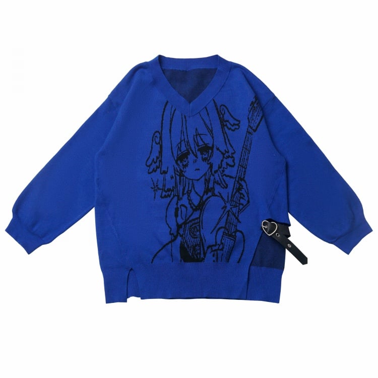 Punk Rock Girl Pattern Blue V-neck Sweater with Heart PU Buckle