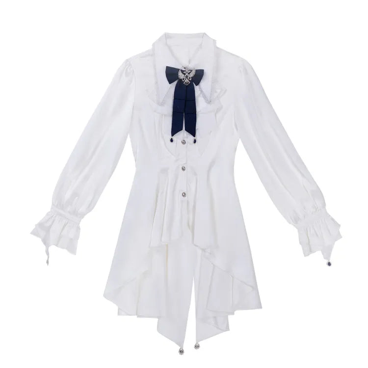 Lolita Gothic Prince Shirt Set Dunkelweißer Mantel Ouji Ärmel Shorts Blau + Dreiteilig + Blau Lang Dunkel