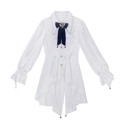 Lolita Gothic Prince Shirt Set Dunkelweißer Mantel Ouji Ärmel Shorts Blau + Dreiteilig + Blau Lang Dunkel