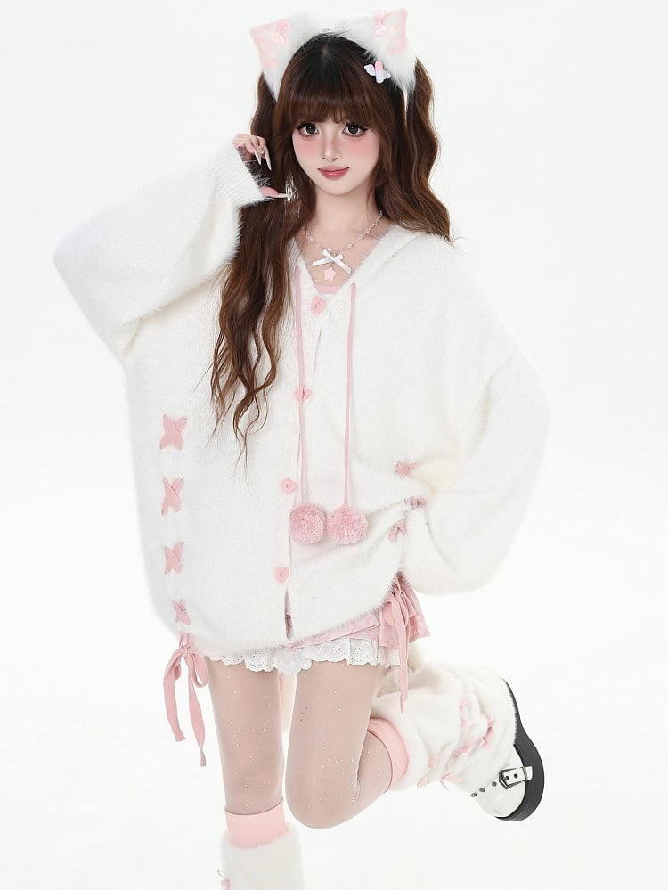 White Bunny Ears Design V-neck Hooded Loose Cardigan Lace-up Detail