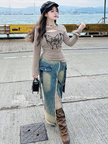 Plus Size Blue High Slit Frayed Hem Wasteland Punk Denim Skirt Cargo Pockets