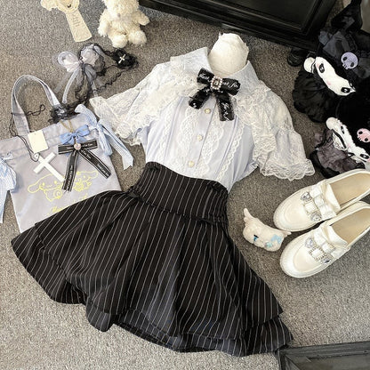 Bowknot Details Tiered Striped Skirt Jirai Kei Black/Pink/Blue