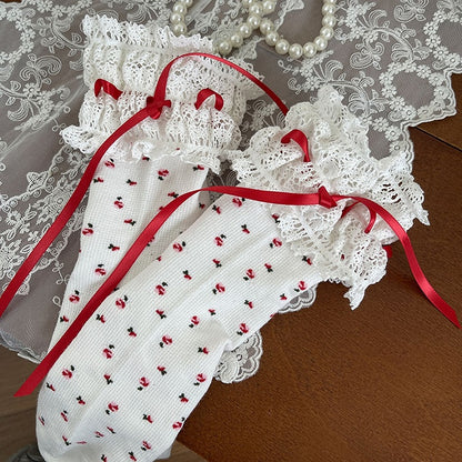Trim Floral Details Bowknot Calf Black/White Lace Pattern Socks