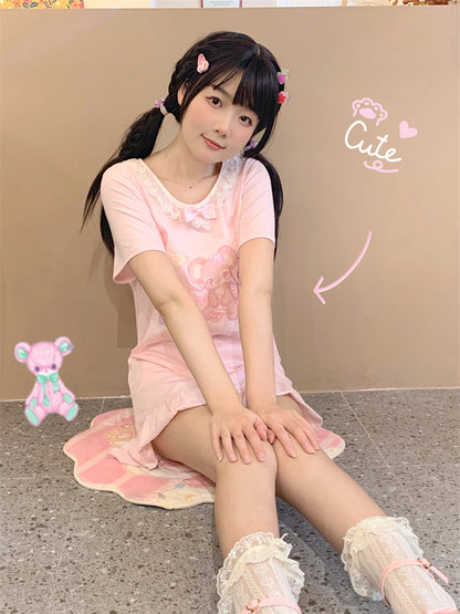 White/Pink Version Trim Adorable Lace Long Print T-Shirt Mouse
