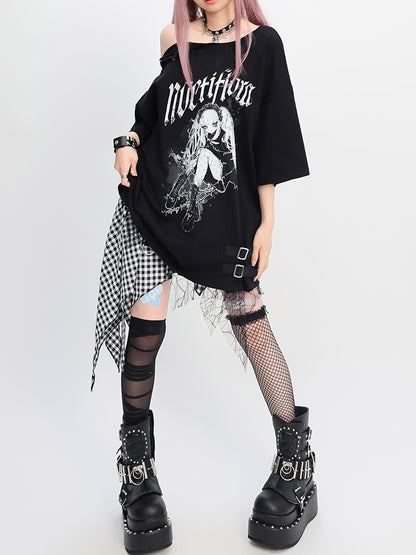 Y2K Black Snap Details Neckline Anime Print Girl Loose T-shirt