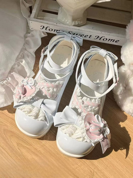 - Platforms Bow Candy-Decorated Sweet Lolita Blue A Shoe Style Heart Clip Pink with