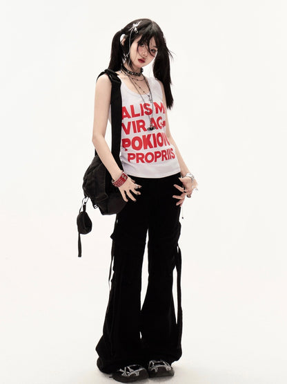 Black Low Rise Slim-Fit Flared Cargo Pants