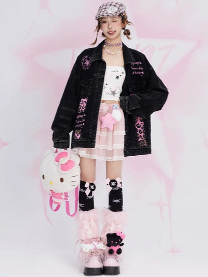 Faded Wash Black Letters Print Leopard Patches Denim Jacket