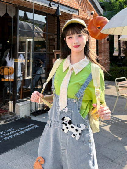 Light Blue High Adorable Animal Appliques Denim Overalls Waist