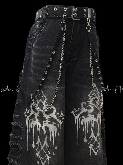 Wide-Leg Jeans Hem Raw Dark Gray Cross Print Distressed Holes