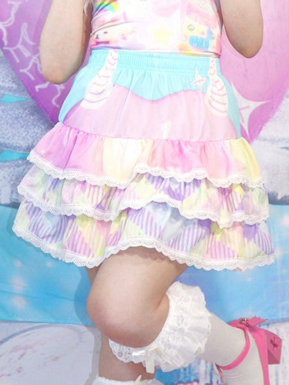 White/Blue/Purple Skirt with Lace Trim Y2K Striped Pattern Tiered A-Line