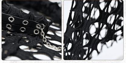 Grunge Punk Rock Black Studs Mesh Triangle Scarf KC Cross Charms Chain Detail