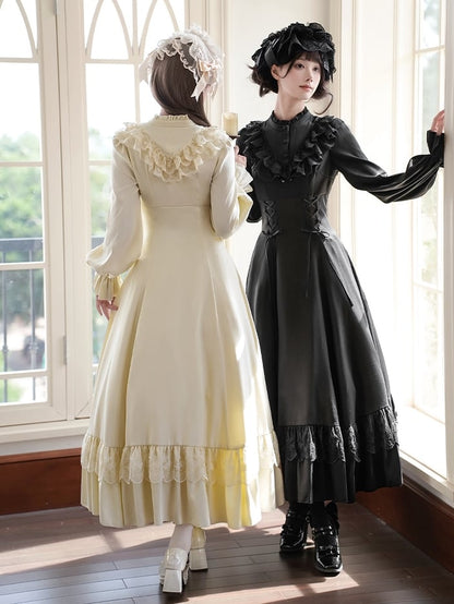 Beige Shawl Waist Ruffle Lace-up with Lolita Dress Detachable Neckline Elegant