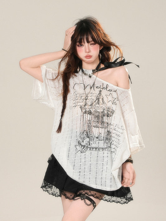with Printed T-Shirt Semi-sheer Asymmetrical Neckline Sun White Self-tie Protection Strap