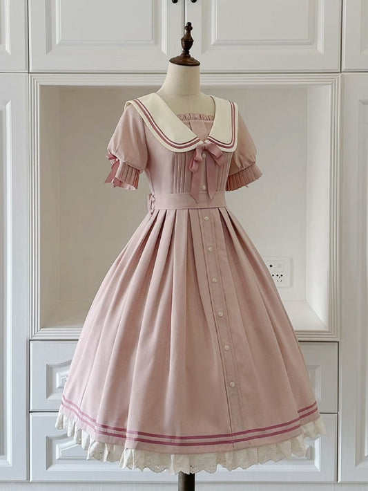 Sakura Pink Sailor Style Summer Dress Pleating Detail Cuffs