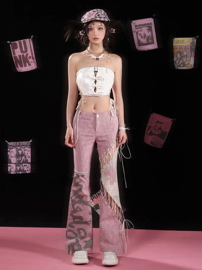 Asymmetrical Flared Detail Pink Pants Lace-up Dusty
