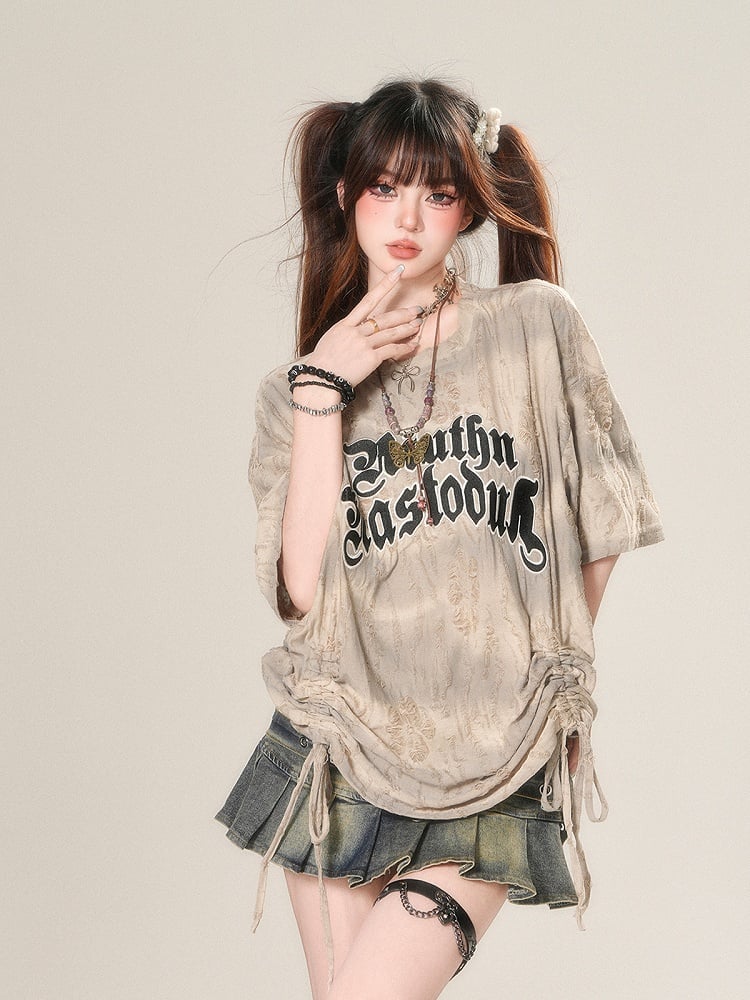 Loose Apricot Letter Print Drawstring Waist Distressed Holes T-Shirt