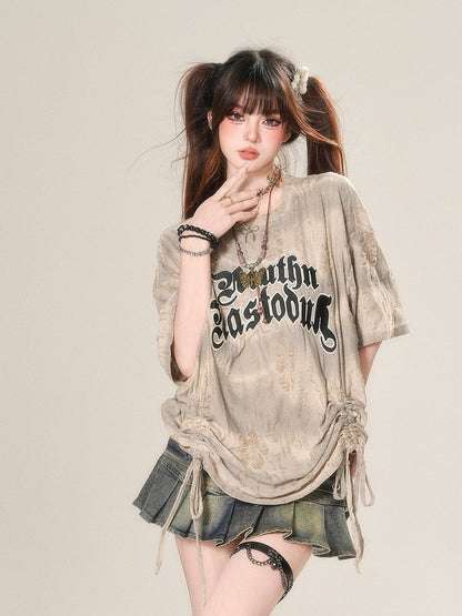Loose Apricot Letter Print Drawstring Waist Distressed Holes T-Shirt
