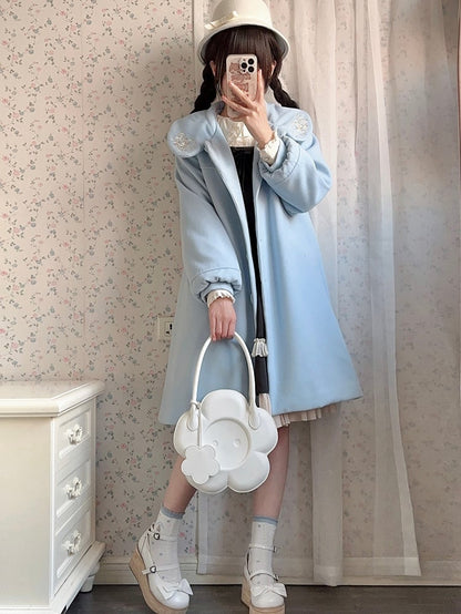 Blue Delicate Floral Round Flat Collar Woolen Coat