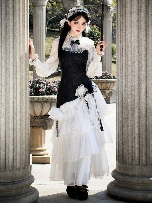 Classic JSK Elegant Layered Full Tulle Slim Bodice Jacquard Hem White Lolita Black Fit Floral Set