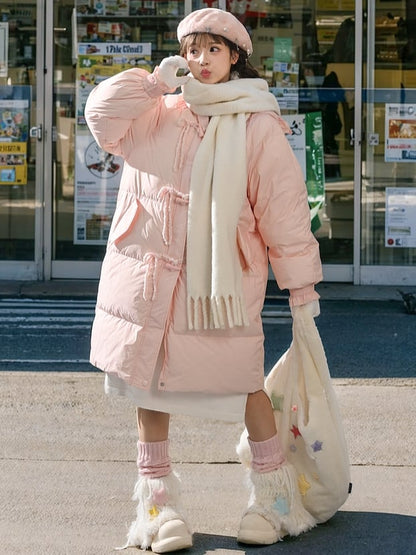 Pink Hooded Down Bowknot Horn Shaped Button Coat