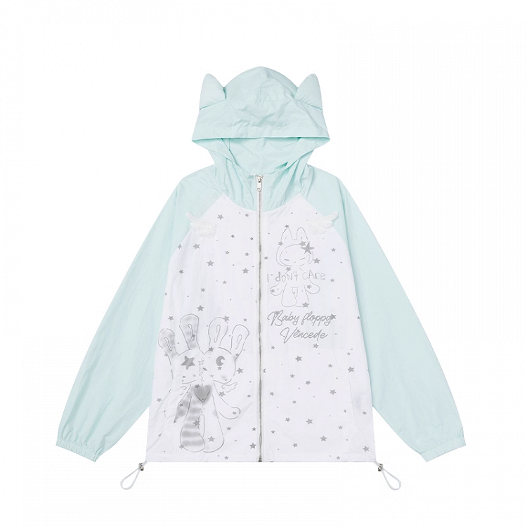 Design Hood Ears Kitty Colorblock Zip-up Jacket Cartoon Print Black/Green