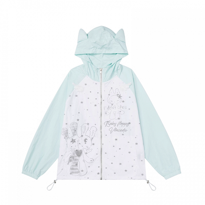 Design Hood Ears Kitty Colorblock Zip-up Jacket Cartoon Print Black/Green