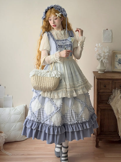 Blue Gingham Pattern and Floral Lace Patches Skirt Casual Lolita Dress