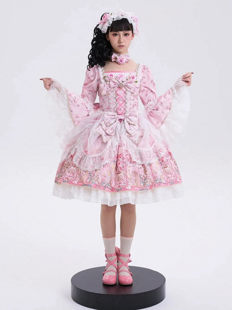 Pink Rosette Print Rococo Fashion Inspired Lolita Dress Square Neckline Bell Sleeves OP / Full Set