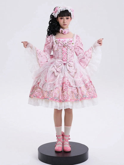 Pink Rosette Print Rococo Fashion Inspired Lolita Dress Square Neckline Bell Sleeves OP / Full Set