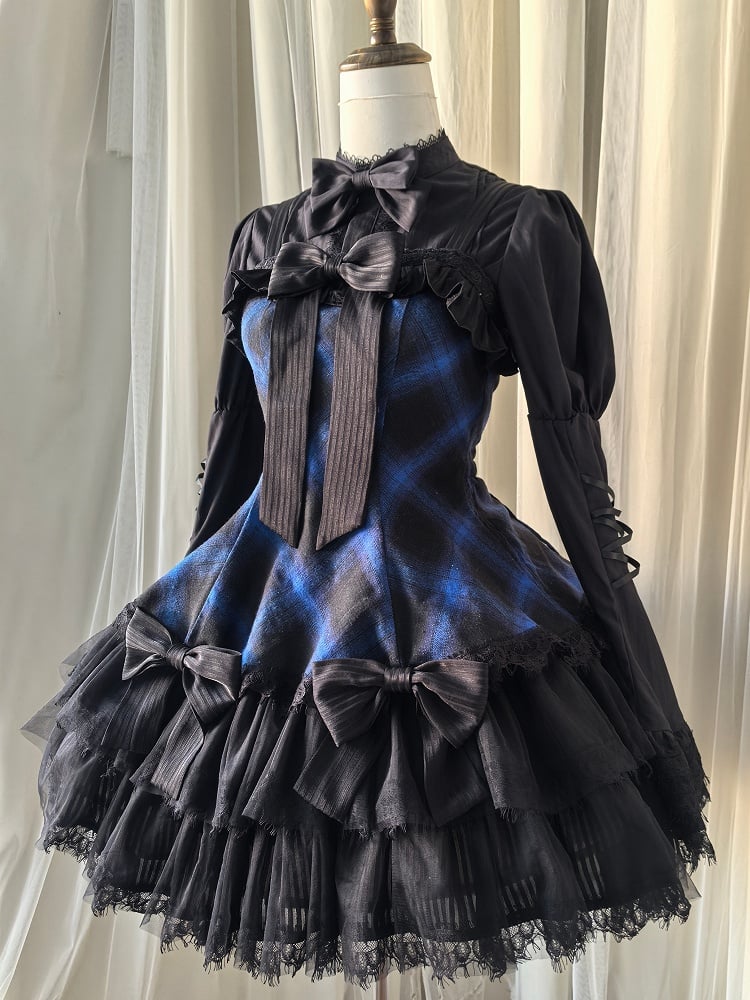 Jupe pull gothique Lolita à carreaux bleus et nœuds noirs décorés d'un ourlet à double épaisseur