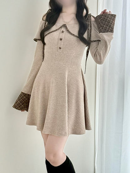 Plaid Light Detail with - Knit Jirai Heart Cuffs Off-the-Shoulder Button Kei Brown Dress