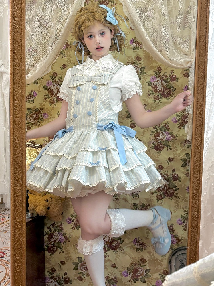 Sweet Ruffle Layered Striped Dress Bow with Accents Overall Blue Lolita