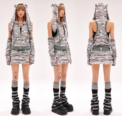 Criss-cross Straps Studded Gloves Black/Gray/Pink