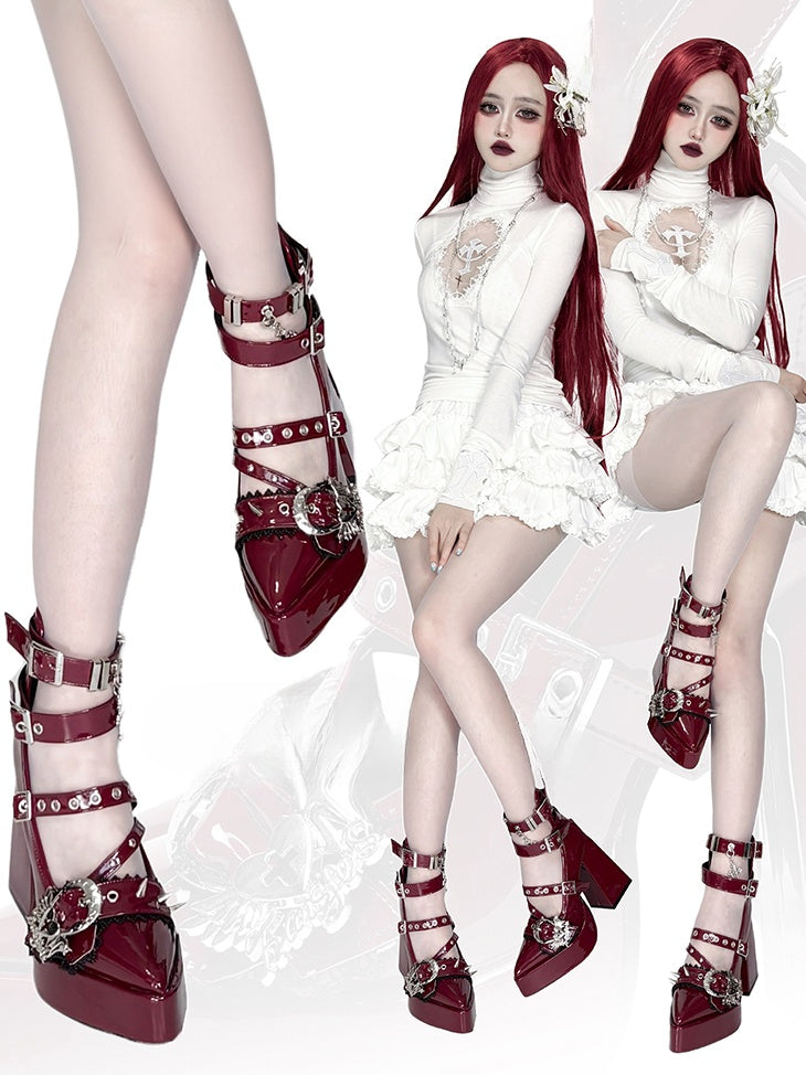 Gothic Wine Red Cross Heart Buckle Straps Stud Platform High Block Heels