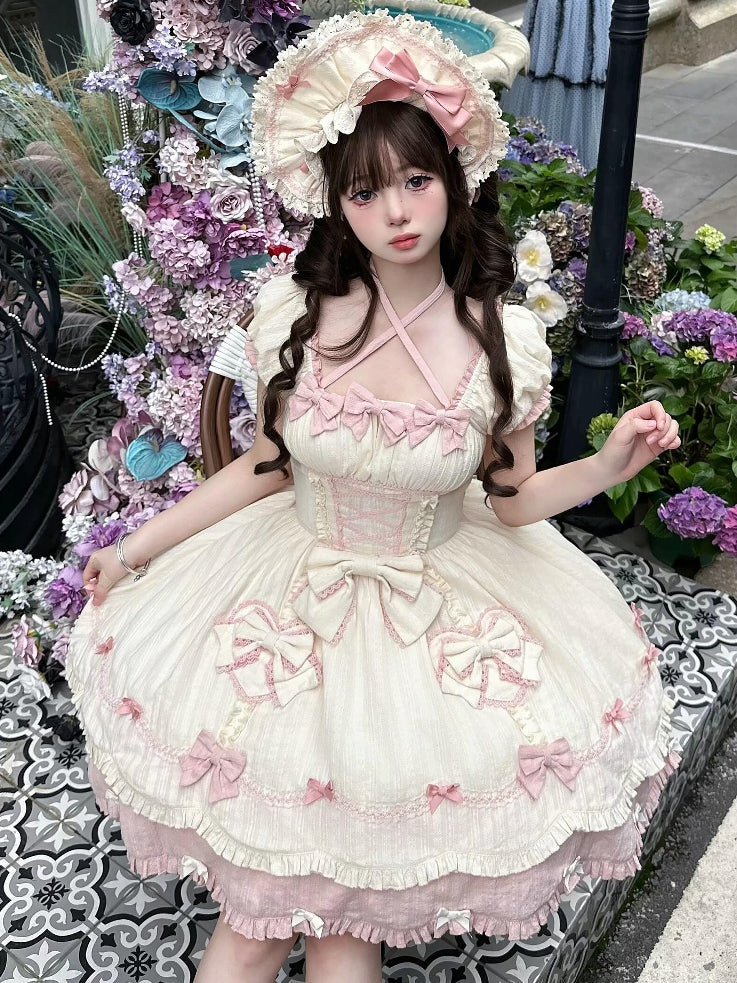 Sleeves Detail Sweet Old School Bowknots Lolita And Dress Yellow Piece One Pink Short Light