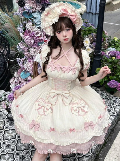 Sleeves Detail Sweet Old School Bowknots Lolita And Dress Yellow Piece One Pink Short Light
