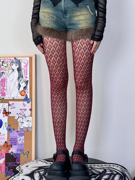 Y2K Strumpfhose mit rotem Muster und Rautenausschnitt, Weinrot
