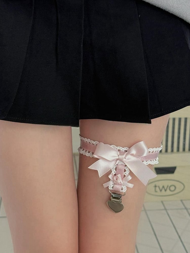 Black/White/Pink/Blue Sweet Bowknot Lace Trim Leg Loop With Heart Charm