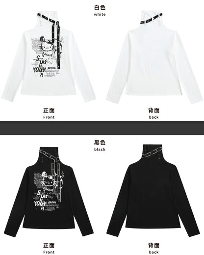 Jirai Kei Black/White Kitty Strap Details High Neck Top