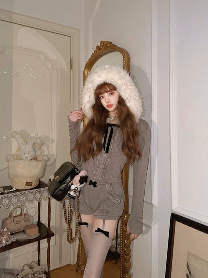 Fur With Hoodie Collar Detail Cardigan Black Gray Knit Faux Bow