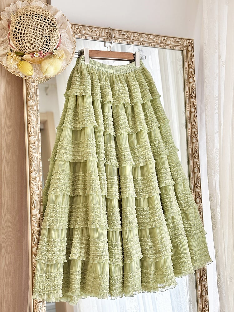 Tea Tiered Green Detail Length Skirt Under Ruffles